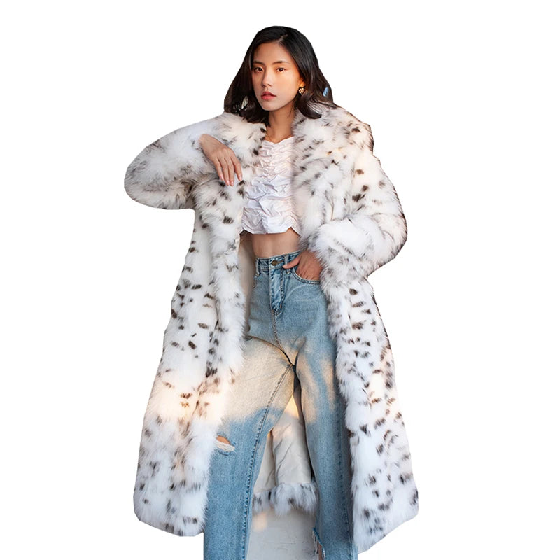 Women's fur coat Imitation fox fur coat black dot leopard print suit long length large size winter warm leather windbreaker