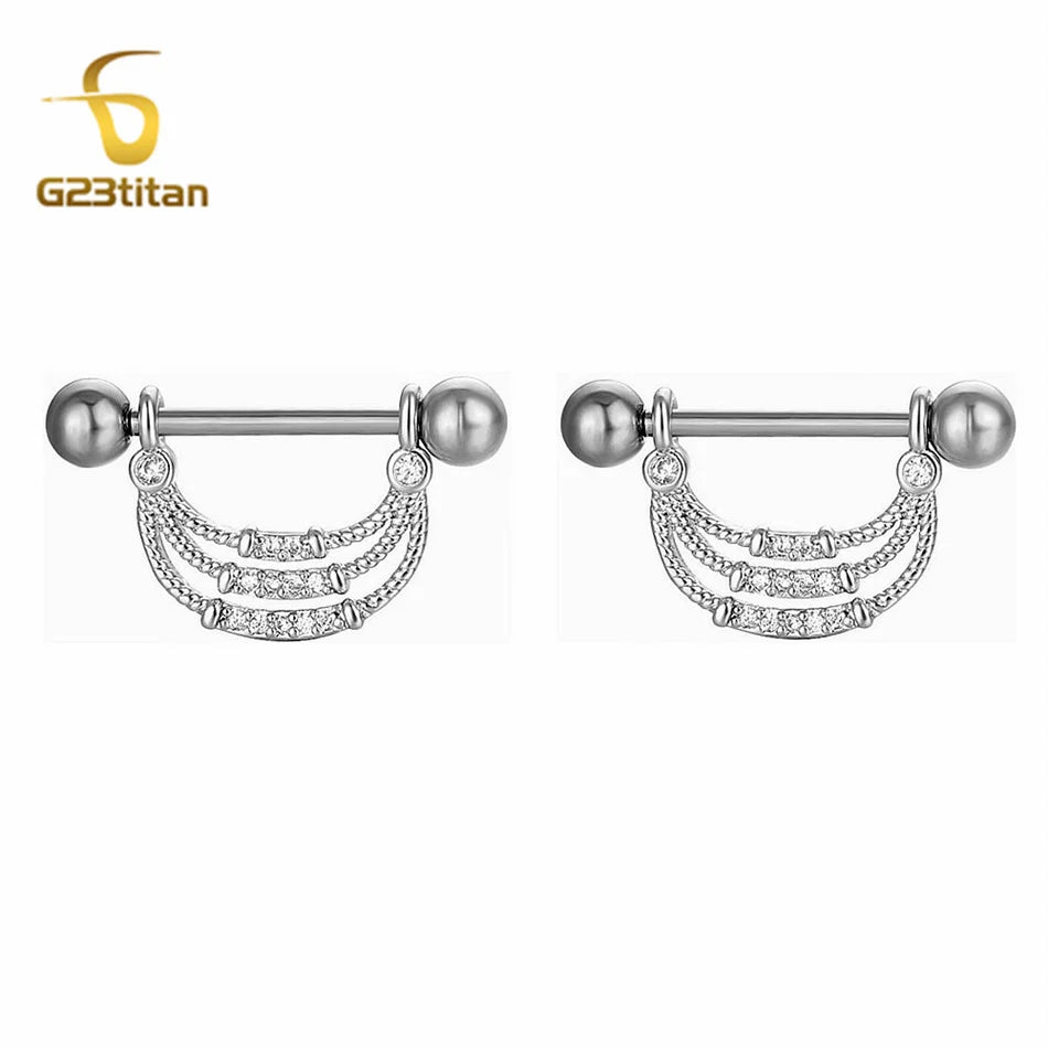 2 bagues de mamelon en zircon couleur argent hypoallergéniques 14G 16mm en titane, piercing barbell droit, bijoux de plage sexy, ornement pour femme