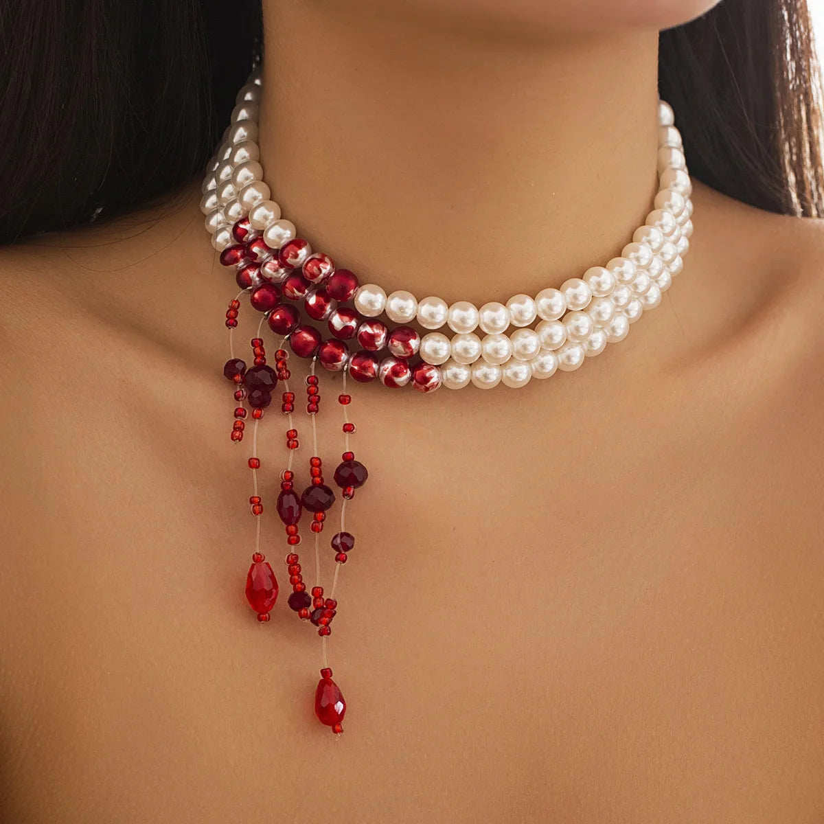 DIEZI Goth Multilayer Red Blood Imitation Pearl Choker Statement Necklace For Women Vintage Crystal Bead Halloween Jewelry
