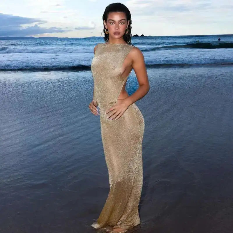 Townlike Sparkle Glittar Slim Bodycon Dress Women Maxi Long 2024 Summer Dress Perspective Backless Nightclub Sexy Party Dresses