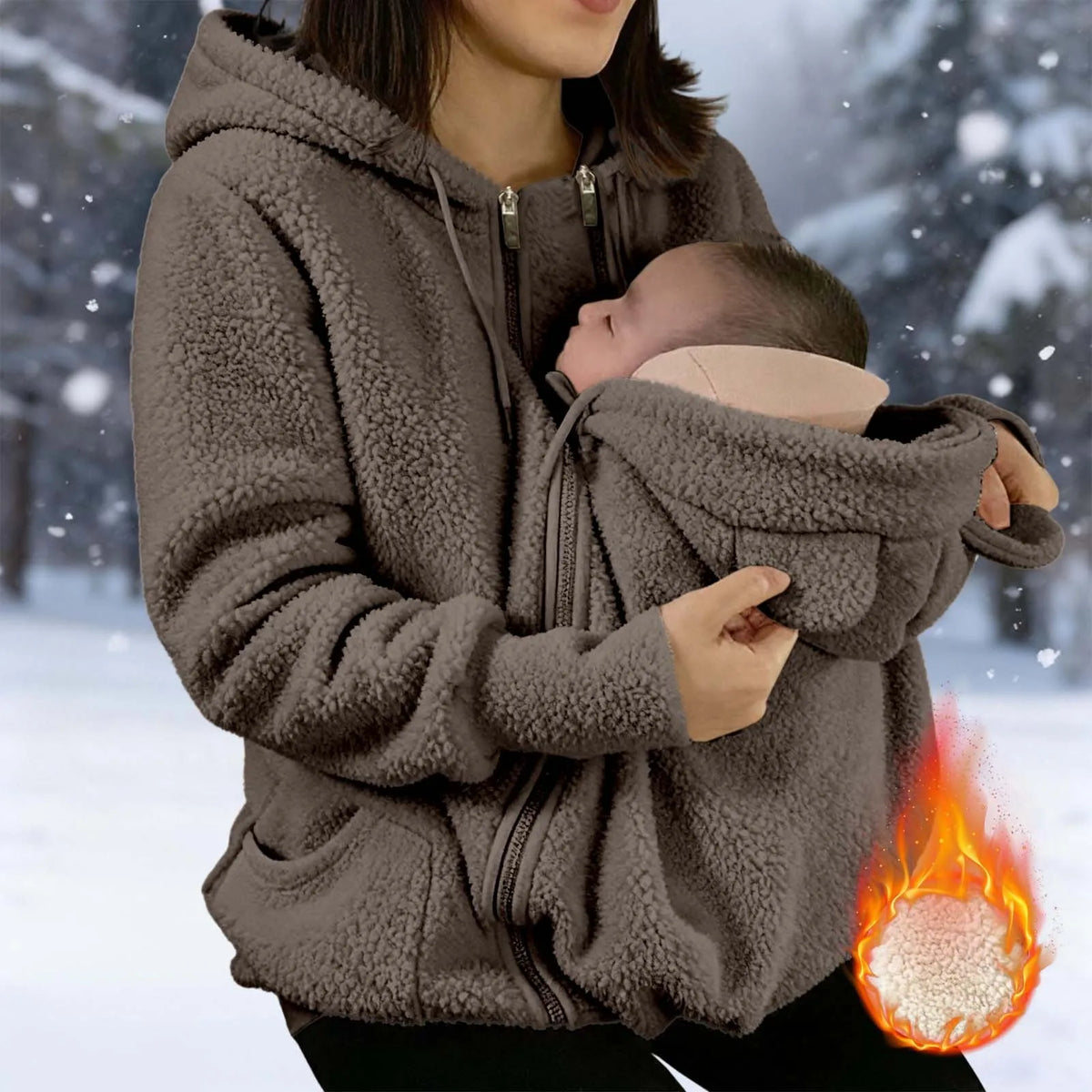 2 in 1 Warm Fleece Hoodie Coat with Baby Carrier Long Sleeve Faux Fur Plush Sweatshirt Outdoor Mom's Hoodie Jacket Baby Bag