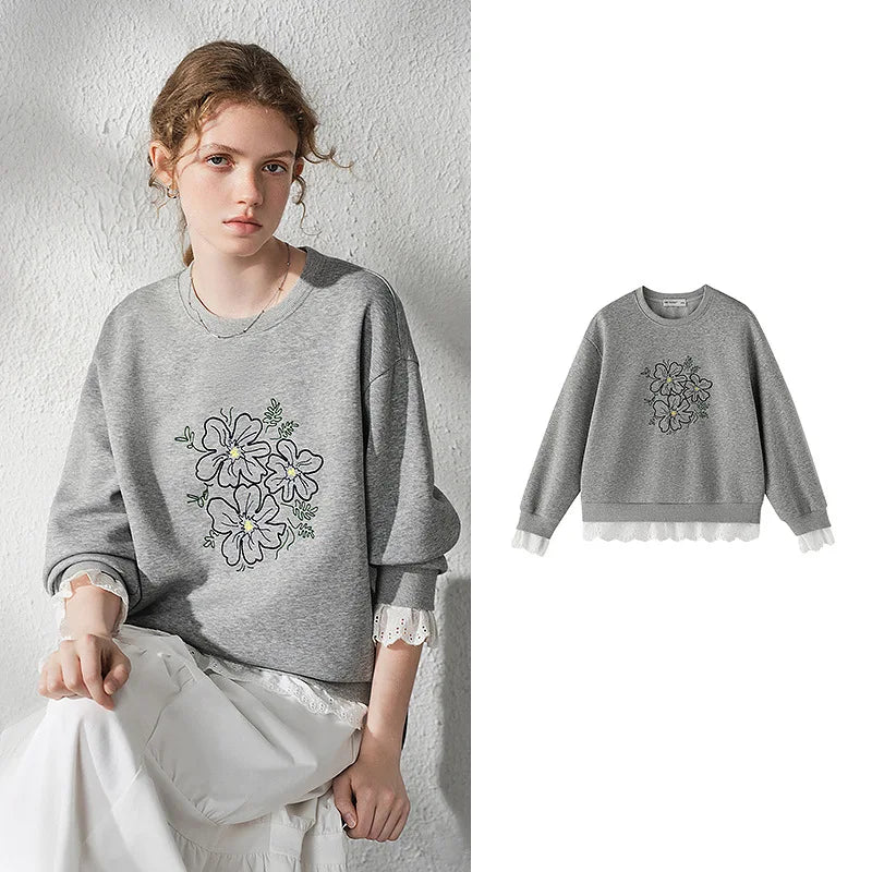 TOYOUTH Women's Floral Embroidered Lace Splicing Fake Two Piece Sweatshirt 2026 Autumn New Round Neck Loose Fit