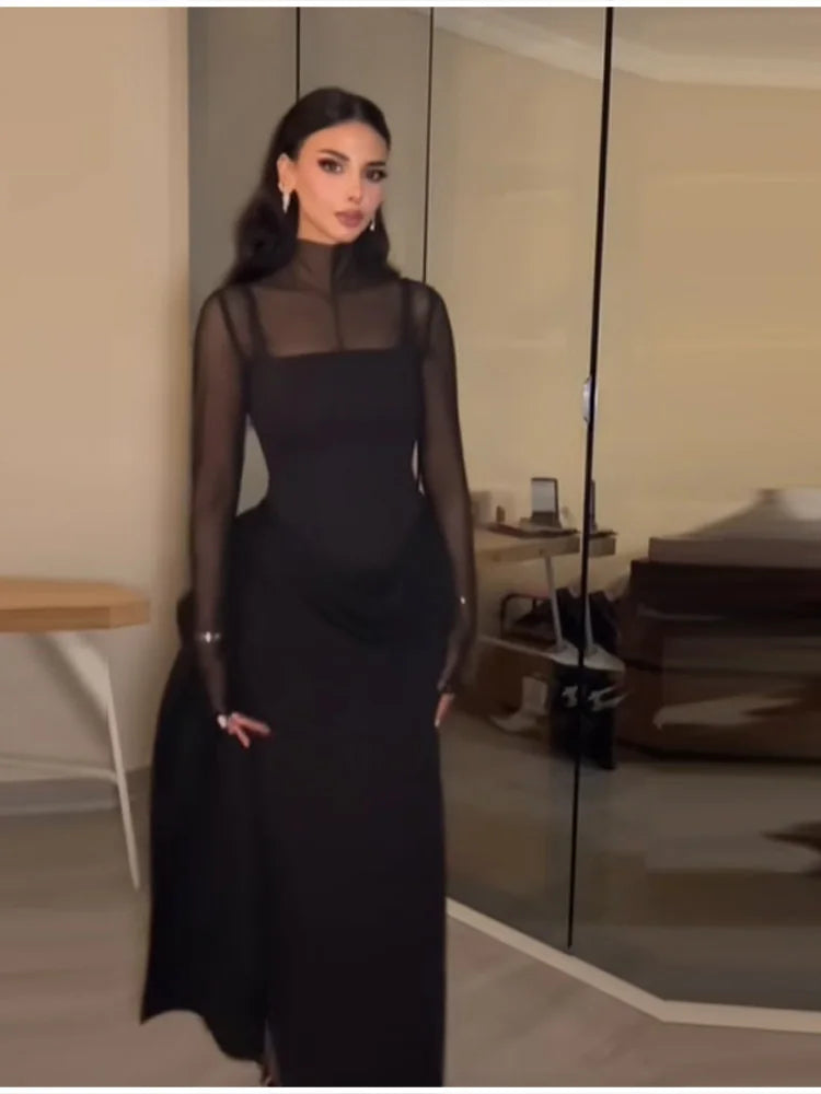 Robe longue chic et moderne avec panneaux transparents, pour femmes, style vintage, élégante et tendance, pour soirée ou tenue de printemps