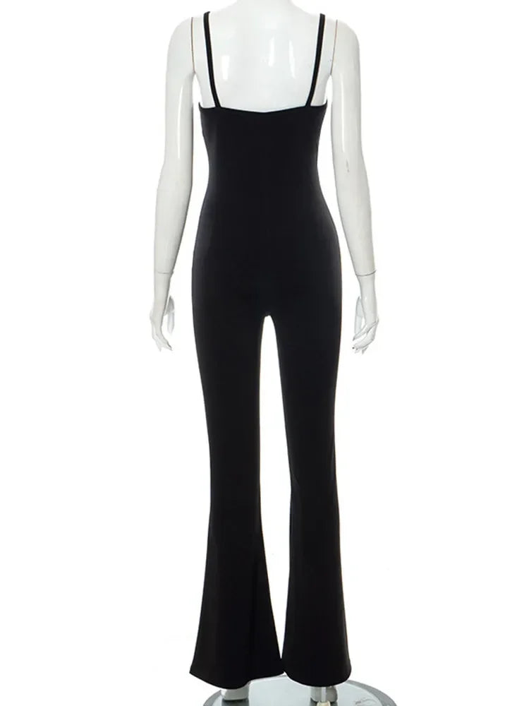 Gauze Jumpsuits Solid Black Jump Suits For Women Overalls Sleeveless Combinaison Femme Flare Pants Romper Monos Mujer Elegante