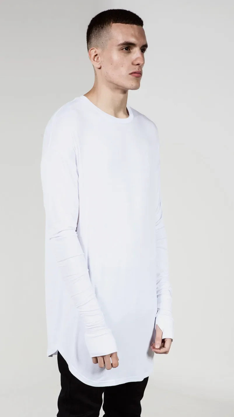 T-shirt Hip Hop de qualité pour homme - T-shirt à manches longues avec trous pour les pouces aux poignets - Ourlet incurvé - Vêtements streetwear pour homme - Grandes tailles