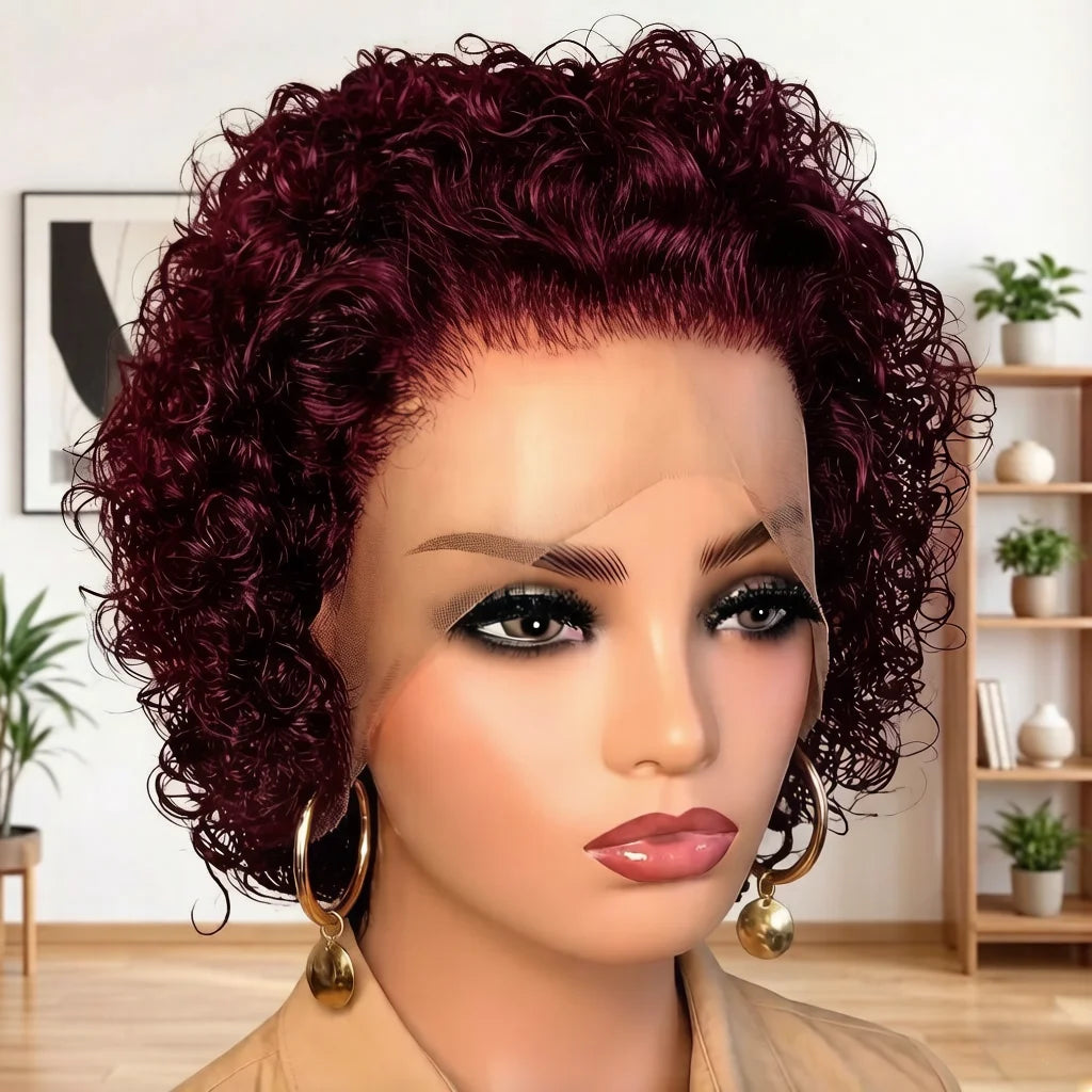 Human Hair Short Curly Wig, 13x1 Lace Front Wig 180% Density, Natural Black Curly Human Hair Wig, Pre-Plucked Hairline Wig