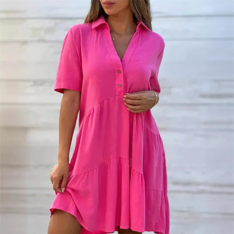 Robes en coton et lin de couleur unie pour femmes, robe patchwork à revers et boutons, robe d'été décontractée, taille haute, manches courtes, tenue féminine.