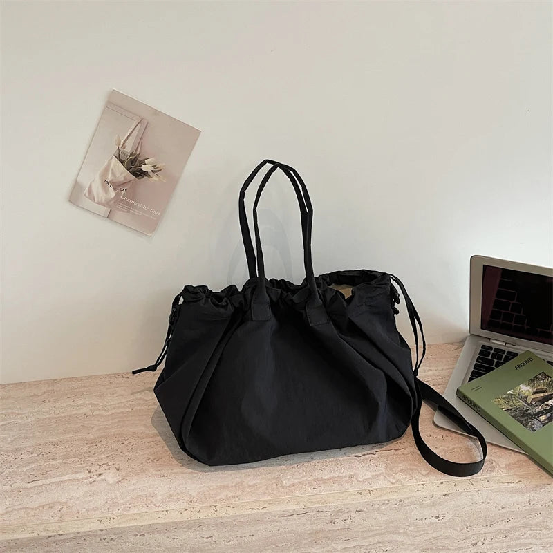 Big Drawstring Bucket Shoulder Bags For Women Nylon Fabric Lightweight Large Capacity Shopper Totes Pure Color Practical Handbag