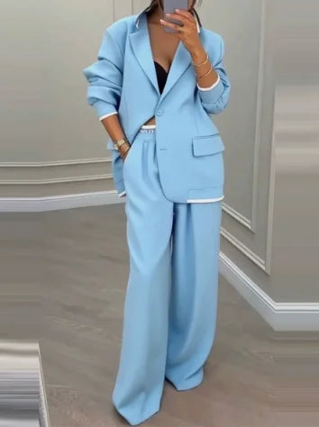 Two Piece Set Women Outfit 2025 Spring Autumn New Grey Commuting Notched Collar Long Sleeve Blazer & High Waist Pants Set