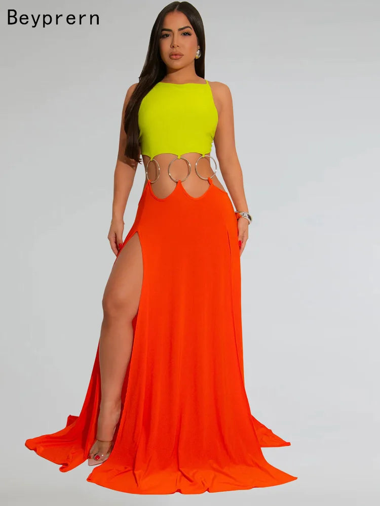 Beyprern Robes longues évidées à anneaux métalliques pour femmes, mode sans dossier, bandage, robes de vacances, tenues de vacances, vêtements de club sexy