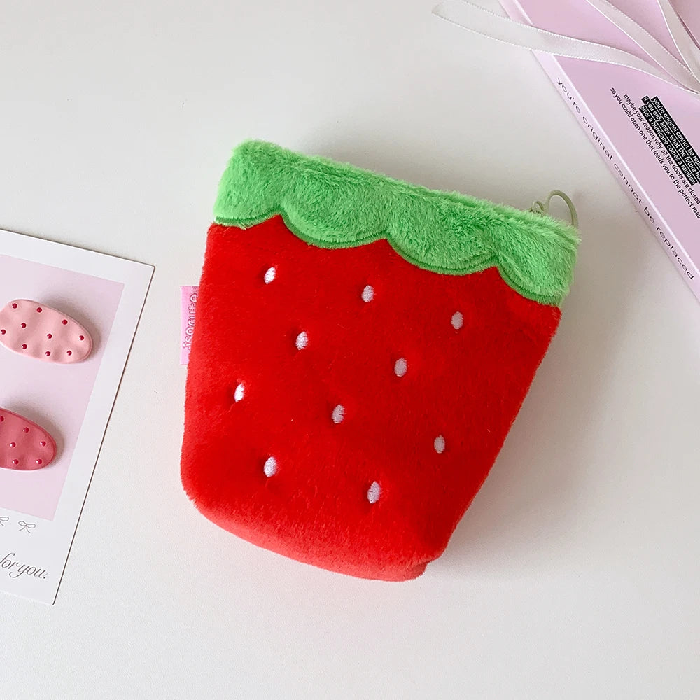 Sweet Cute Strawberry Zipper Plush Makeup Bag Fashion Girl Portable Large Capacity Travel Storage Lipstick bag Student Pen Bag