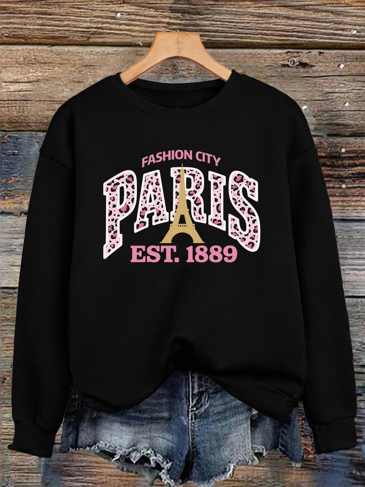 Pull Femme Imprimé Léopard Rose Paris 1889 Col Rond Sweat-shirt Décontracté Ample Vêtement Polaire Hip Hop Sportswear