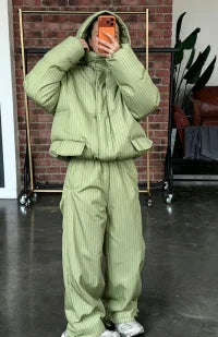 Women Striped Ski Suit 2 Pieces Set Hooded Puffer Jacket Wide Leg Snow Pants Winter Warm Waterproof Snowboard Outfit Tracksuit