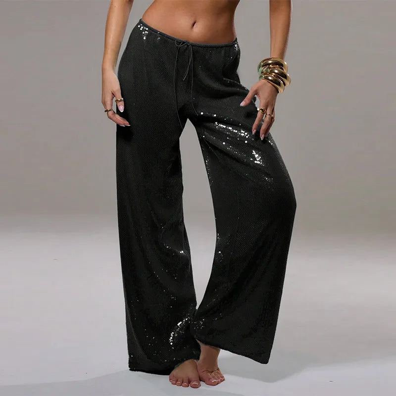 Street Sequin Lace Up Pants Women Elastic Low Waist Wide Leg Trousers Female 2026 Spring Summer Lady Shiny Party Club Clothes