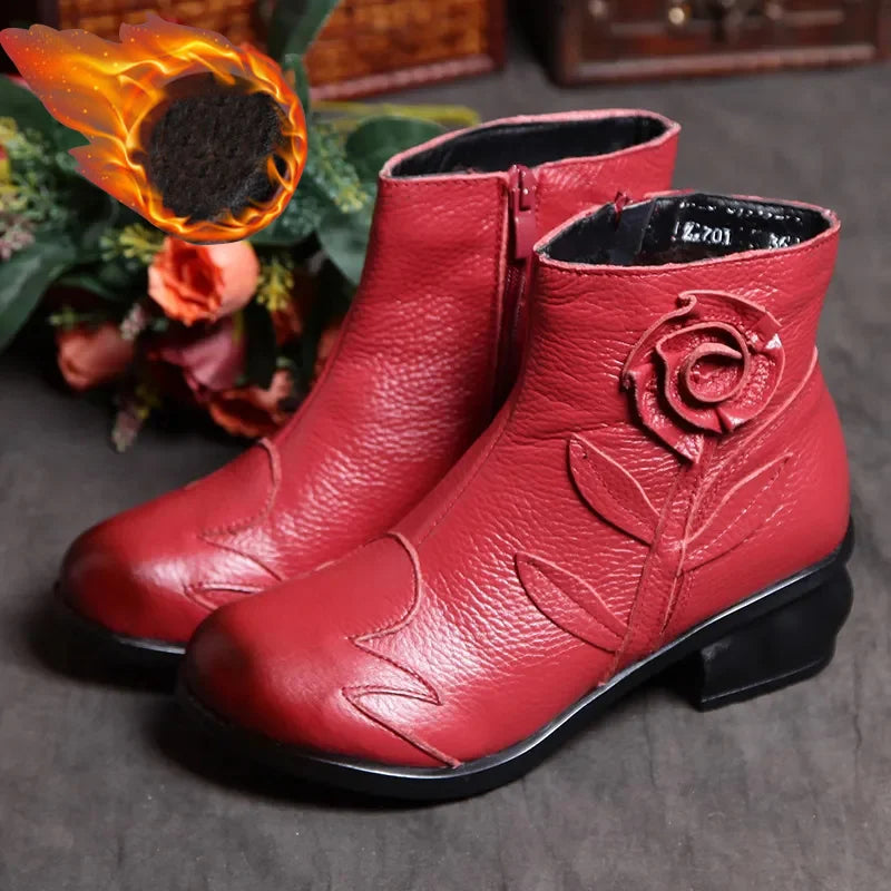Red Leather Ankle Boots Woman Autumn Low Heel Fur Bootie Ladies Vintage Handmade Hollow Shoes fashion floral Mujer Booties