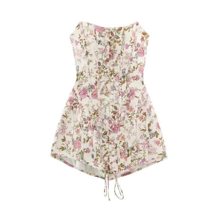 Floral Printed Off The Shoulder Lace‑up Mini Dress Strapless Waist-cinching Corset Short Dresses 2026 New Women's Party Outfits