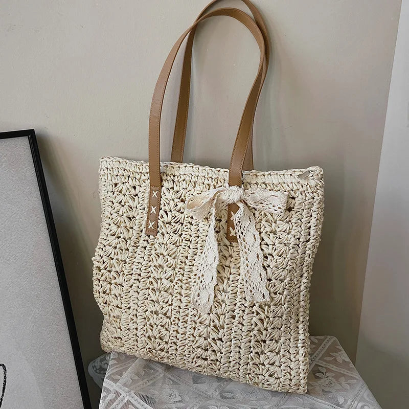 Sac de plage carré creux en paille tissé à la main Sac à bandoulière