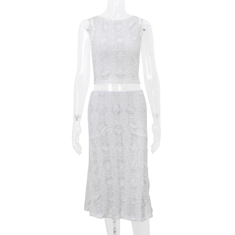 Y2K White Casual 2 Piece-Set Long Skirt Women Hollow Out Patchwork Sexy Cropped Tank Top And Maxi Skirt Sets Female Outfits