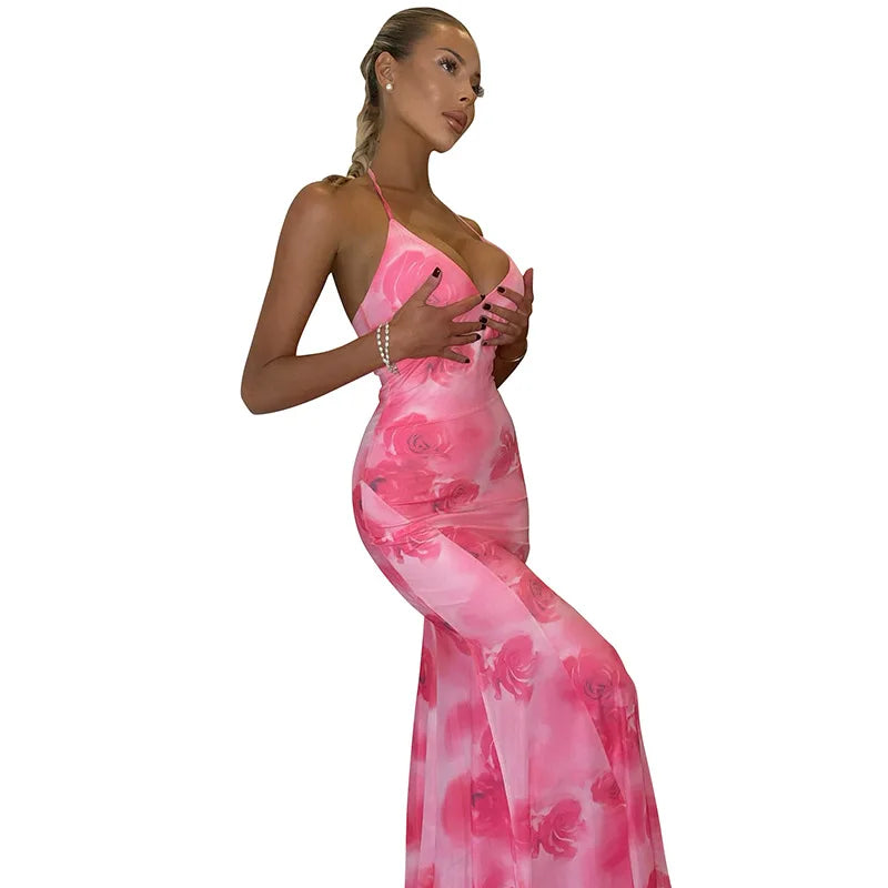 Printed hanging neck v -neck hip skirt sexy backpack hip dress fashion, simple and elegant women's clothing