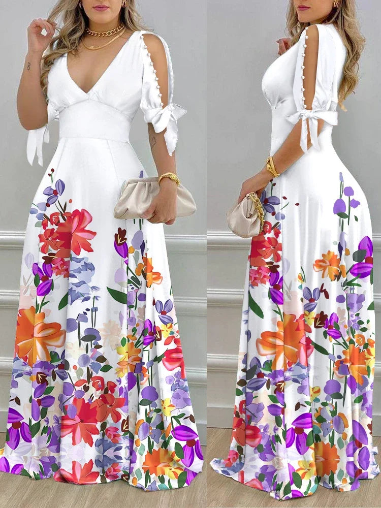 Elegant Women's Dresses Summer Fashion Split Sleeve Pearls Decor Plants Print Split Sleeve Casual V-Neck Half Sleeve Maxi Dress