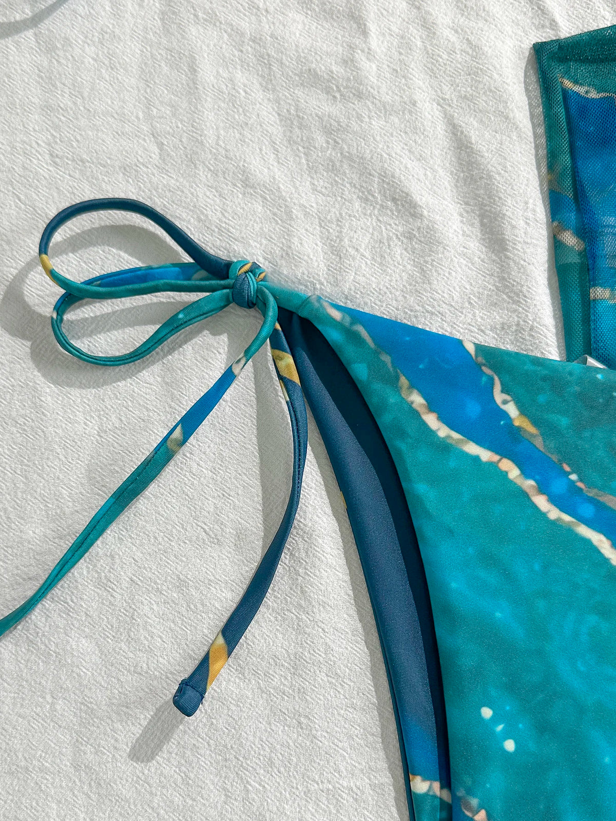 Women's Three-Piece Swimsuit Set, Blue Marble Print, Sexy Bikini with Tie-Up Triangle Top, Tie-Up Briefs, Mesh Skirt, Wrap Skirt, Beach Swimwear