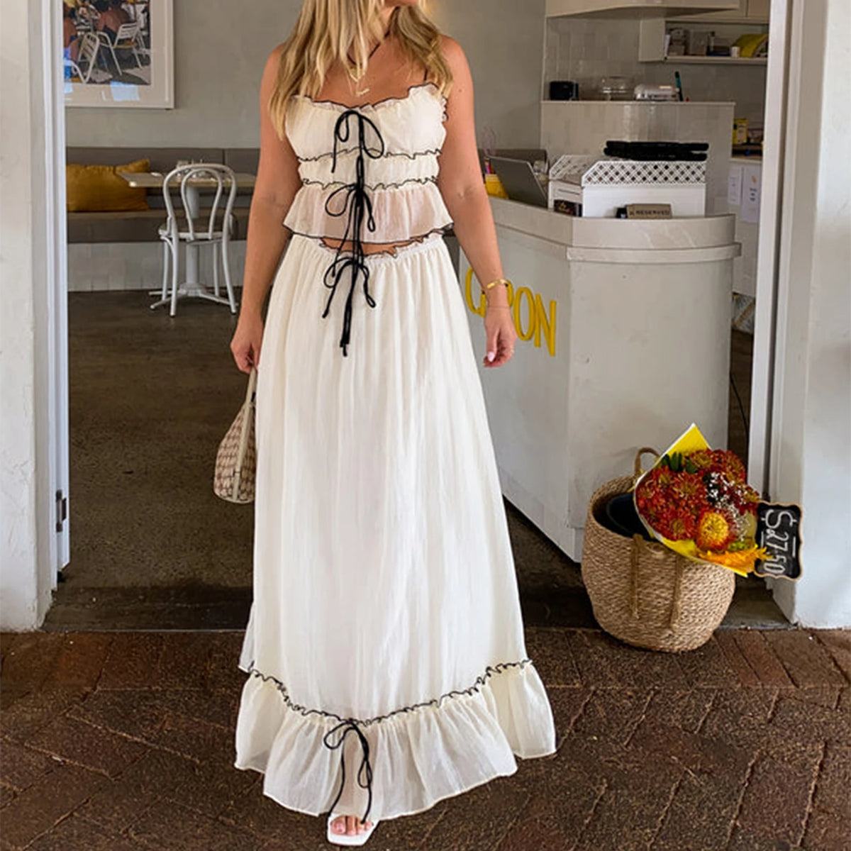 Women Y2k 2 Piece Outfits Patchwork Front Tie-Up Camisoles and Ruched Ruffle Maxi Skirt Matching Set Beachwear