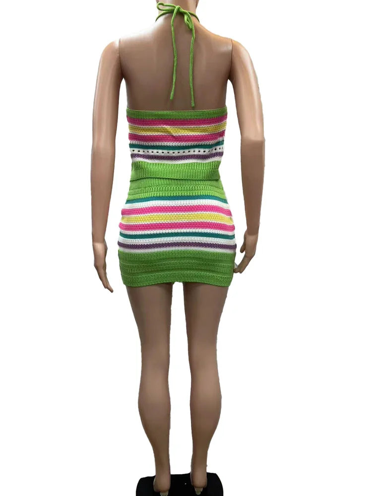 Beyprern Ensemble deux pièces élégant tricoté rayé pour femme, haut court licou à lacets + short assorti, maillots de bain de plage, ensemble 2 pièces