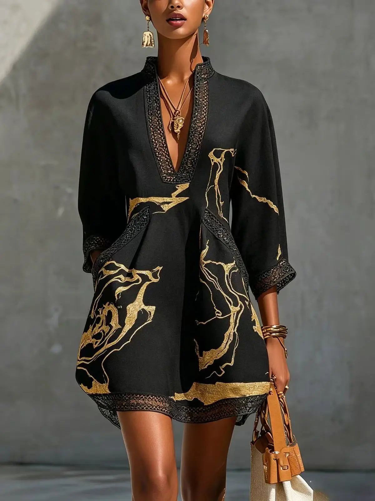 B Elegant Mini Dress for Women Fashion Lace Trim V Neck Abstract Print 3/4 Sleeve Pocket Dress Casual Commuting Vacation Dresses