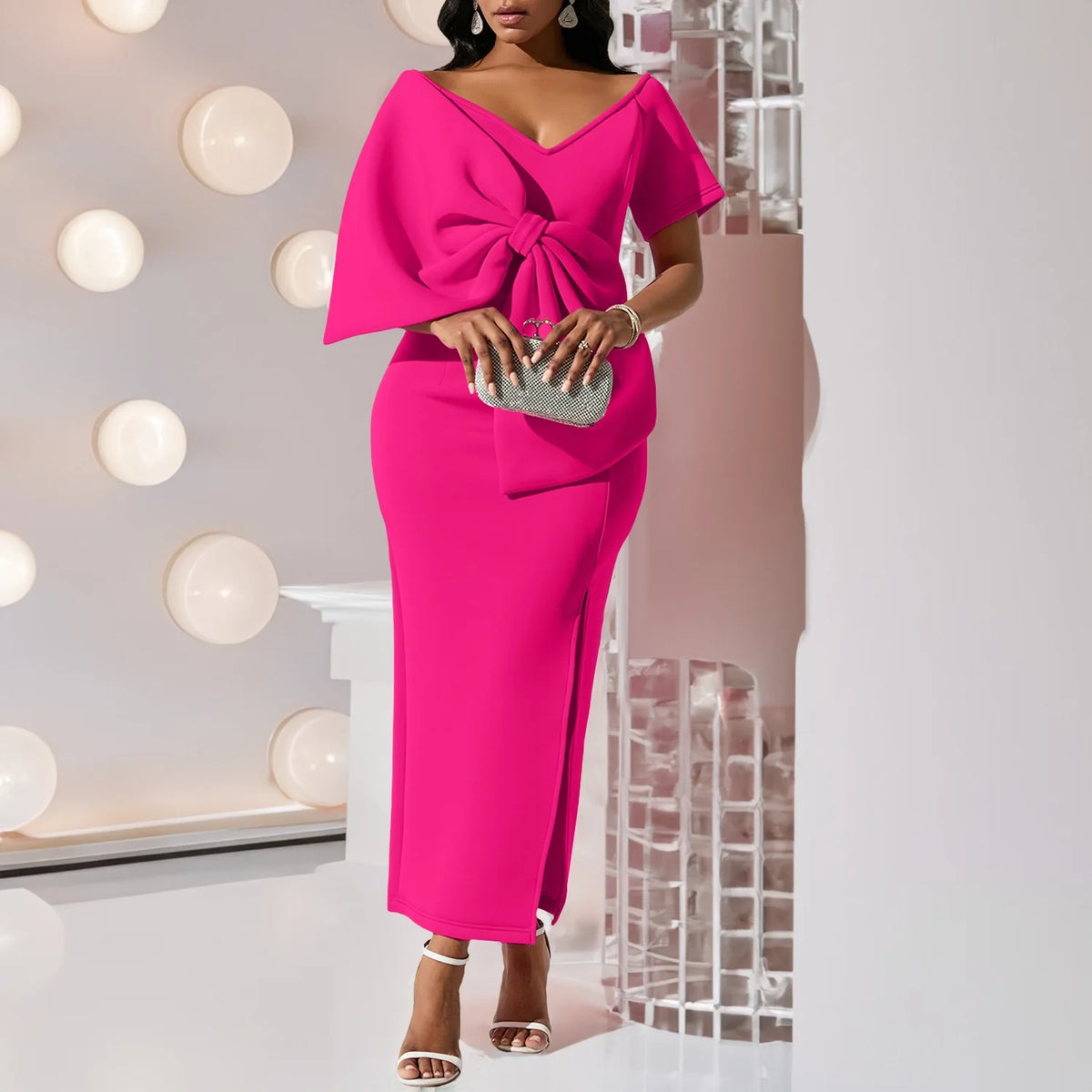 Elegant Party Dresses for Woman 2024 New V Neck Short Sleeve Big Bow Decorate Sheath Side Split Ankle Length Luxury Party Dress