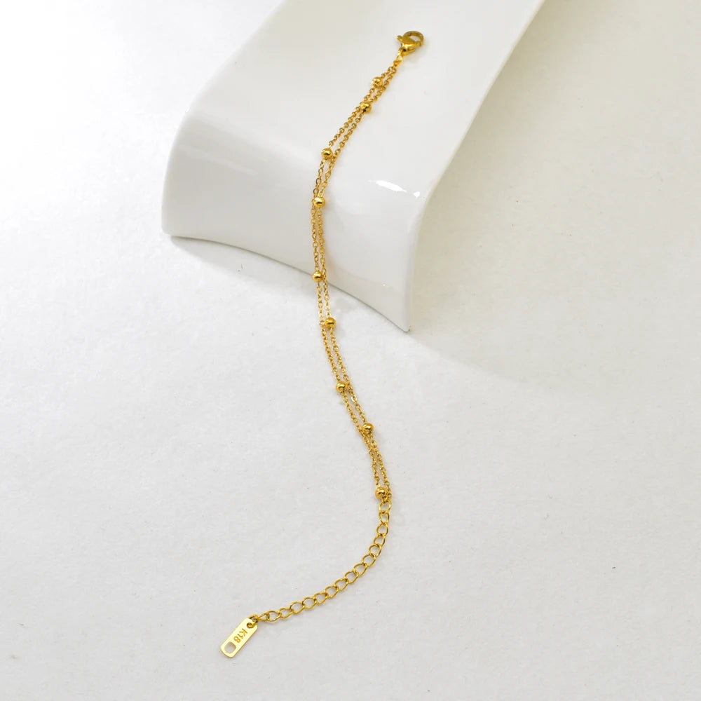 S09 Simple Korean style Double-layer round Ball Small ball Gold bead bracelet, stainless steel gold women's style