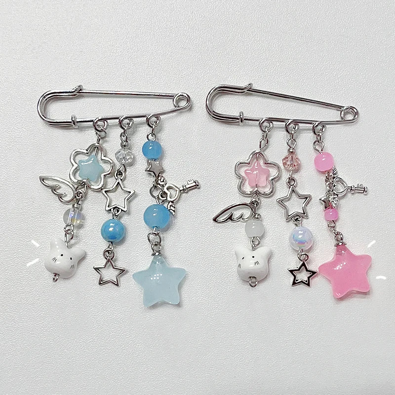 Cute cat safety pin pink and blue star matching bag charm y2k 1pcs