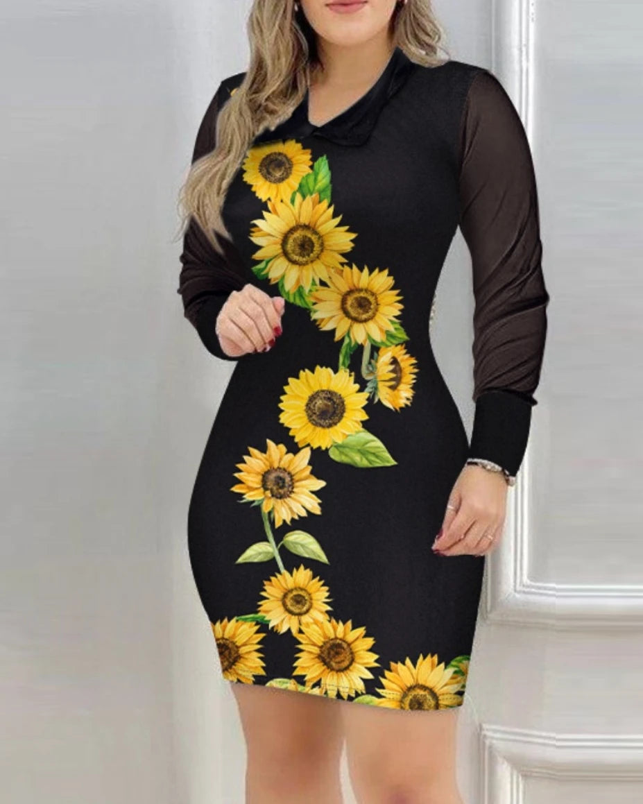 Elegant Dress For Women Fall Mesh Long Sleeve Turn-down Collar Printed Dress