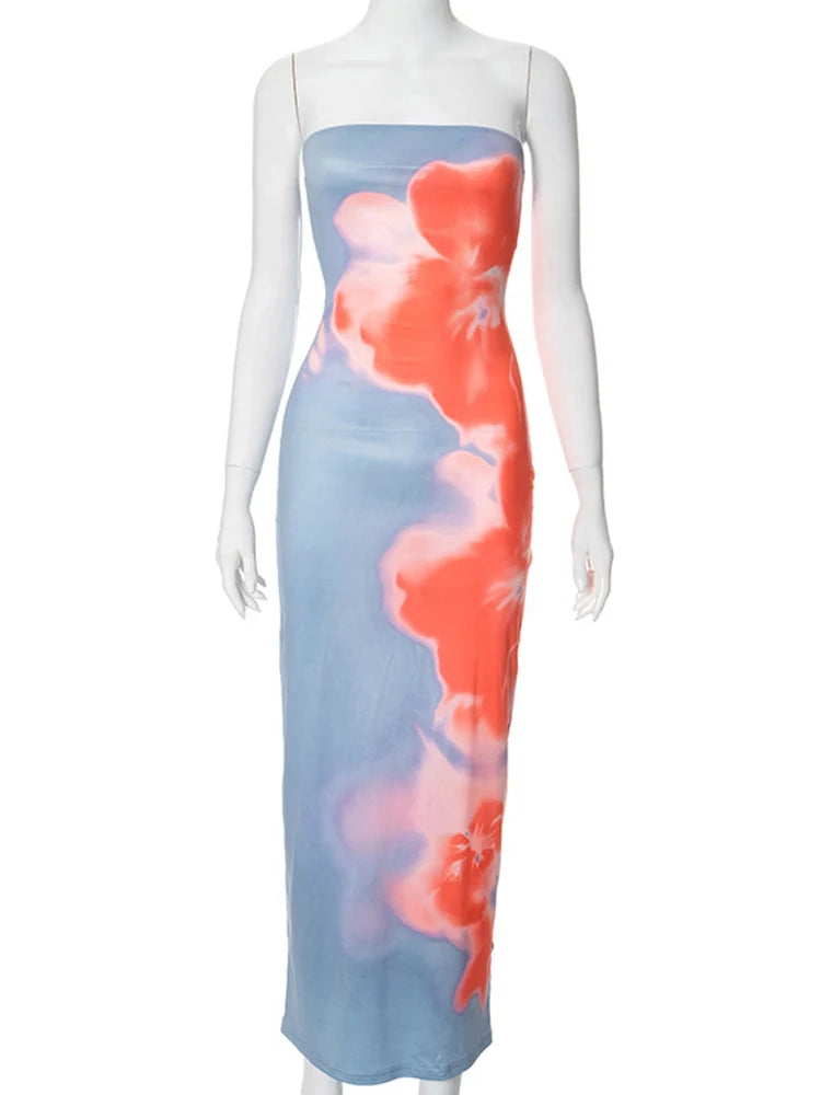 Robe longue sexy sans bretelles à imprimé tube pour femmes, épaules dénudées, dos nu, extensible, longue, robe d'été 2025, vêtements de plage Y2K