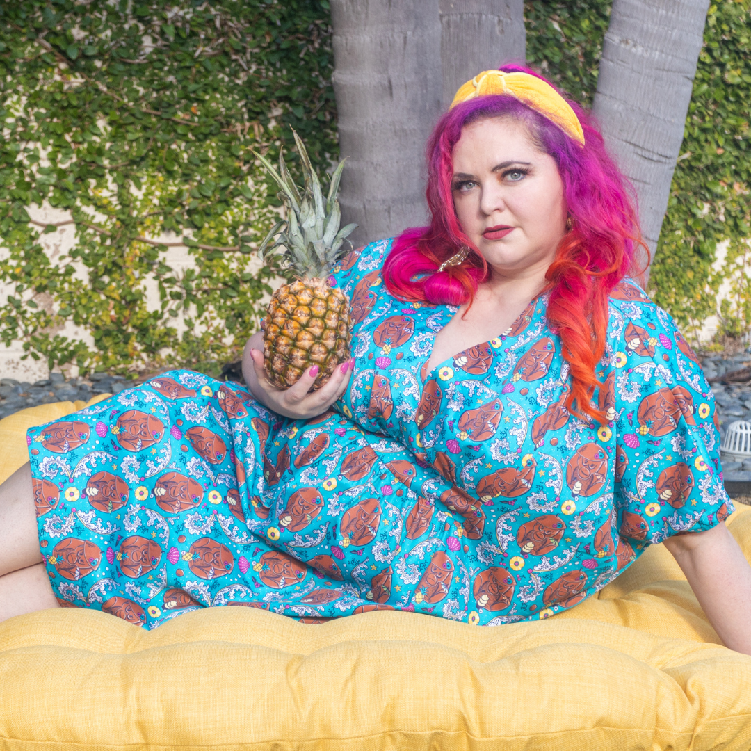 Caftan mi-long Monkey Business en Hawaïen Bleu