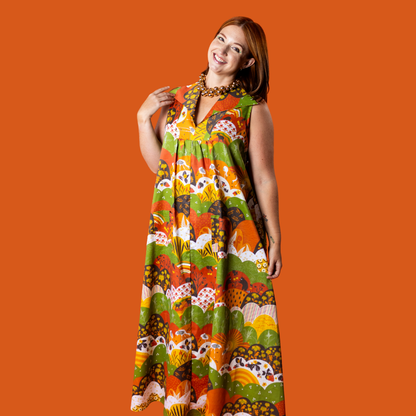 Glam Maxi House Dress in Earth-toned Meadow