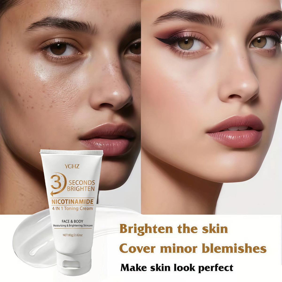 Crème unifiante express 3 secondes, crème éclaircissante et hydratante 4-en-1, hydratation profonde, rafraîchissante et non collante, contient de la niacinamide et des vitamines C, E, crème de soin couleur beige clair, soin de la peau.