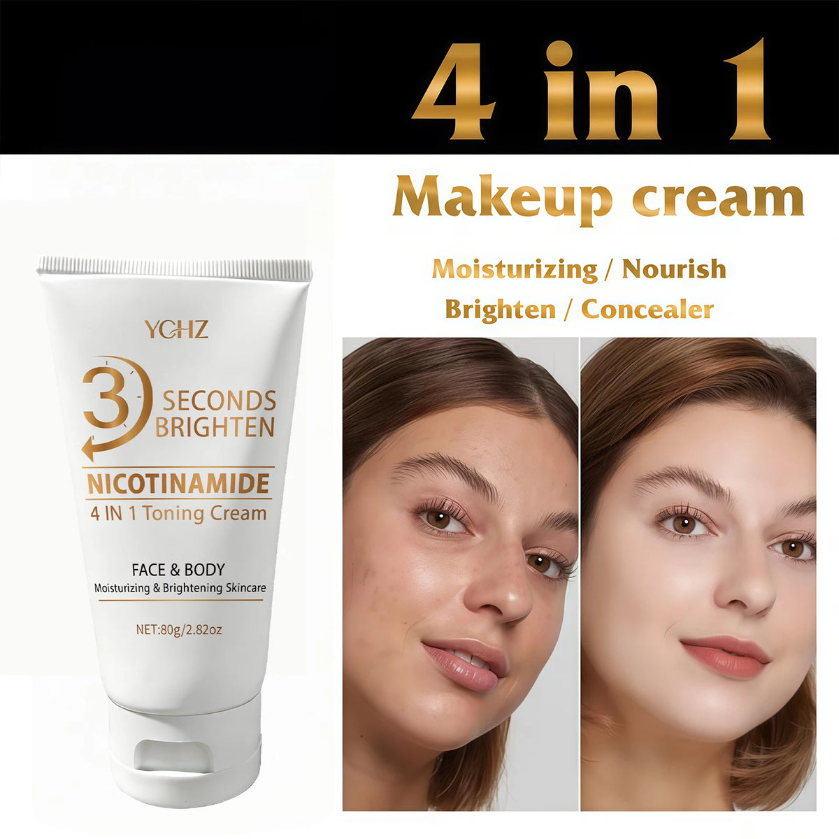 Crème unifiante express 3 secondes, crème éclaircissante et hydratante 4-en-1, hydratation profonde, rafraîchissante et non collante, contient de la niacinamide et des vitamines C, E, crème de soin couleur beige clair, soin de la peau.