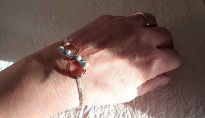 Bracelet jonc double infini en cuivre, argent et turquoise avec cristal