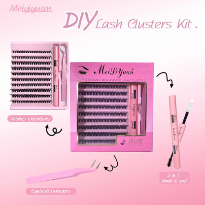 3D Cluster Lashes Kit DIY Lashes Extension kit Lndividual Mix Eyelash Clusters Easy Apply & Remove Lash Lift Curl & Bond Tools
