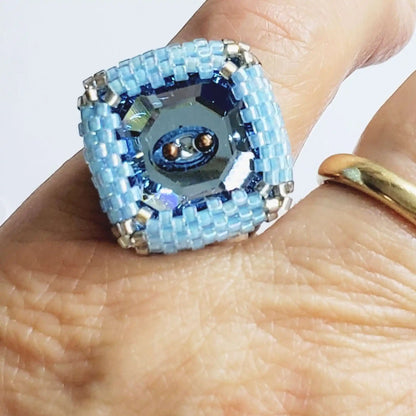 Adjustable Copper Aqua Crystal Bezel Shank Button Ring AS SEEN ON Asia Monet Ray