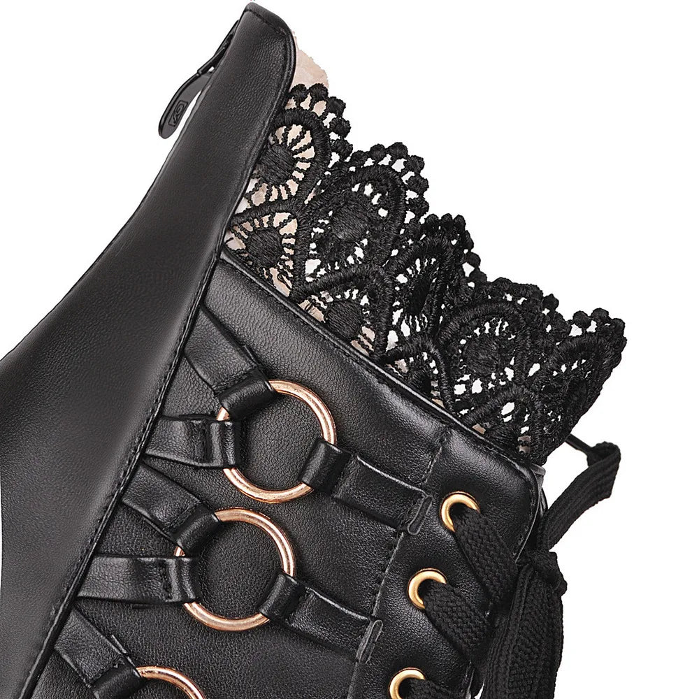 Women Chunky Platform Ankle Boots Lolita Super High Heel Lace Up Boots Sweet Lace Back Zipper Princess Cosplay Shoes Black White