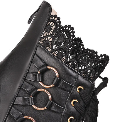 Women Chunky Platform Ankle Boots Lolita Super High Heel Lace Up Boots Sweet Lace Back Zipper Princess Cosplay Shoes Black White