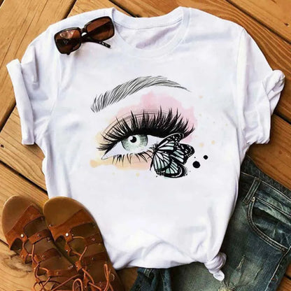 Maycaur Fashion Graphic Women Tops Eyelashes Print Kawaii Lashes Women T Shirt Tee Funny Makeup Aesthetic Shirt Camisas Mujer