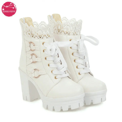 Women Chunky Platform Ankle Boots Lolita Super High Heel Lace Up Boots Sweet Lace Back Zipper Princess Cosplay Shoes Black White