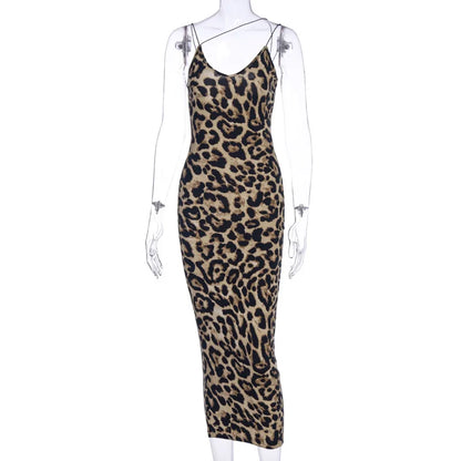 Robe midi sexy sans manches à col en V, imprimé léopard, mode femme, streetwear printemps, tenues de fête de Noël