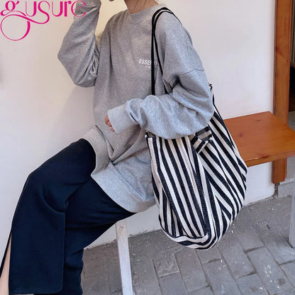 Striped Design Shoulder Bag Large Capacity Canvas Tote Bag