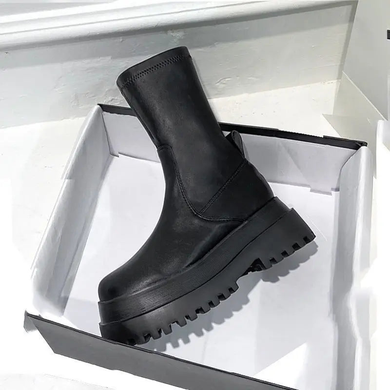Ladies 2022 Women's Platform Chelsea  Black Mid Calf Boots Pipe Autumn Winter Flat Short Leather Rubber Comfortable