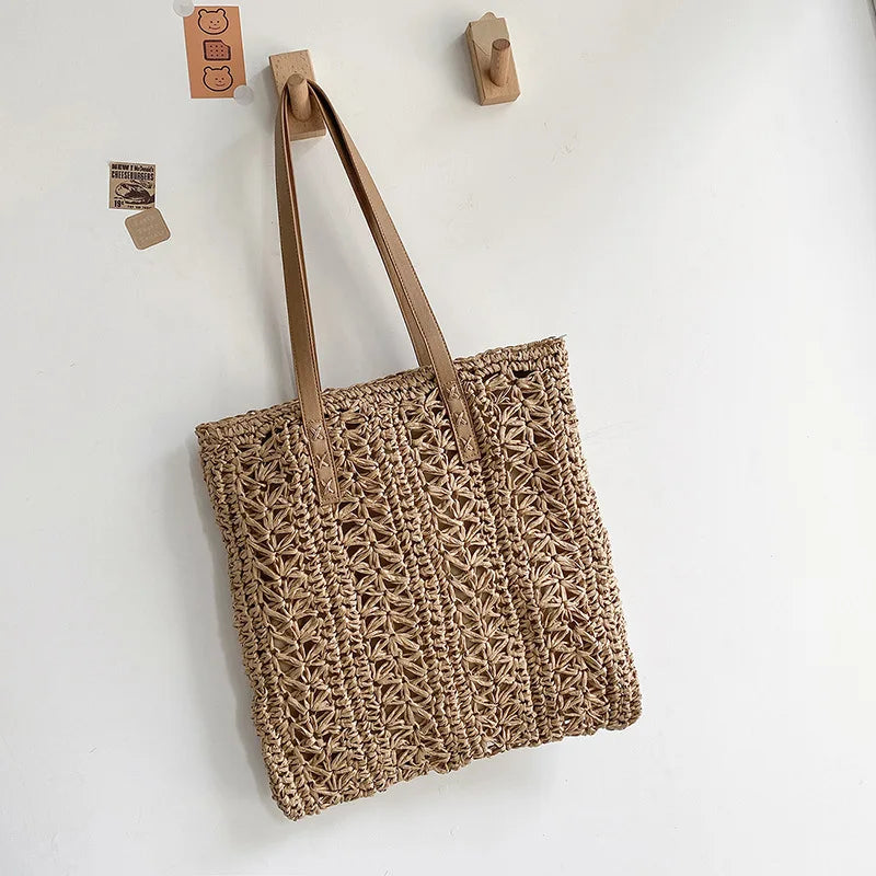 Sac de plage carré creux en paille tissé à la main Sac à bandoulière