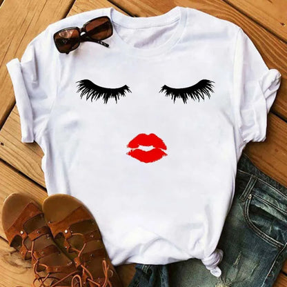 Maycaur Fashion Graphic Women Tops Eyelashes Print Kawaii Lashes Women T Shirt Tee Funny Makeup Aesthetic Shirt Camisas Mujer
