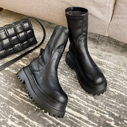 Ladies 2022 Women's Platform Chelsea  Black Mid Calf Boots Pipe Autumn Winter Flat Short Leather Rubber Comfortable